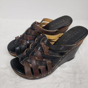 Bed Stu Black & Brown Woven Leather Wedge Sandal Size 9